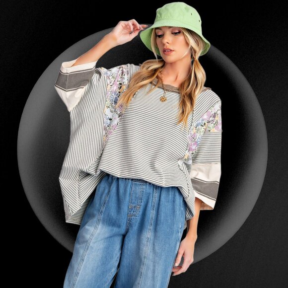 EASEL “Great Vibes” Mixed Print Relaxed & Stretchy Fit Top Defined Seams Details - Picture 7 of 16